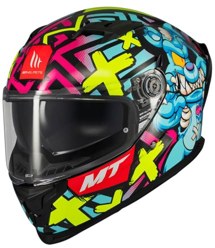 MT Helmets Braker SV Pure Designed Crazy Teddy Azul - Casco de Moto Integral con Visor Solar, para Hombre y Mujer, Homologado ECE 22.06 (M)