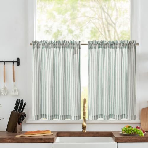 TOPICK Kitchen Curtains, Light Blue Linen Look Cafe Curtains W36 xL24 | 2 Panels Striped Rod Pocket Small Curtains, Light Filtering Privacy Curtains for Living Room, Bedroom, Cupboard Base, Sink