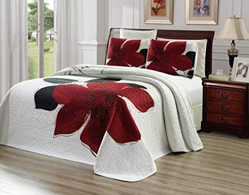 Grand Linen 3-Piece Fine Printed Oversize (100 X 95) Quilt Set Reversible Bedspread Coverlet Full/Queen Size Bed Cover (Burgundy Red, Black, White, Floral)