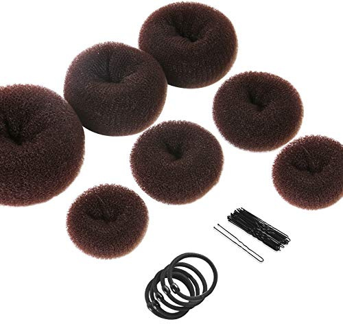 Teenitor Donut Hair Bun Maker Set - 7 Rings (1 Extra-Large, 2 Large, 2 Medium, 2 Small), 5 Elastic Bands, 20 Hair Pins, Dark Brown