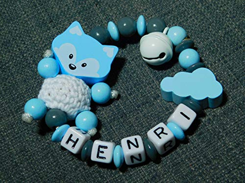 Remolque para cochecito/cadena para cochecito o anillo de agarre con nombre para niñas y niños regalo para nacimiento – Varios modelos Henri - Aro de agarre, color gris y azul