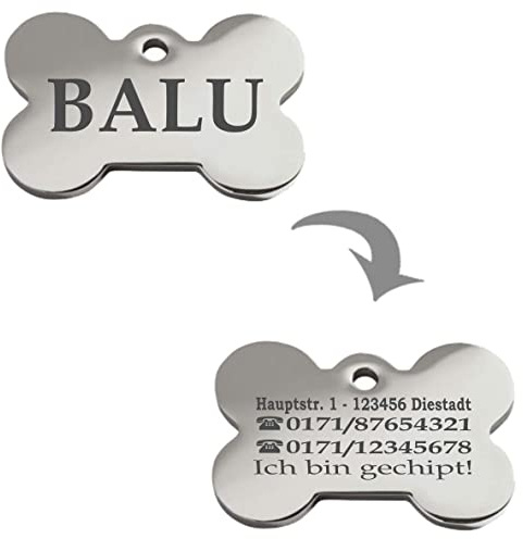 Ibera gifts: Hundemarke mit Gravur – Hundemarke personalisiert aus Edelstahl, knochenförmig für mittelgroße bis große Haustiere