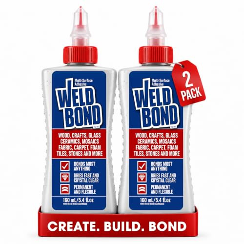 Weldbond multi-yta, giftfritt självhäftande lim, binder det mest. Trälim eller för hantverk tyg glasmosaik matta keramisk kakel metallsten och mer. Torkar kristallklar 160 ml (5,4 uns) - 2-pack | Giftfritt lim torkar kristallklart slitstarkt lim för hantverk, keramik, träbearbetning, glas, porslin, kakel med mera
