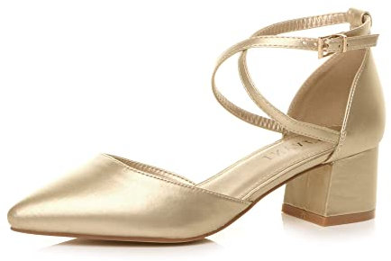 AJVANI Womens Ladies mid Block Heel Cross Strap Evening Mary Jane Court Shoes Size 5 38 Gold