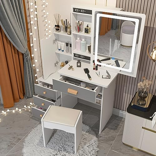PREMTURE Schminktisch, Kosmetiktisch mit Spiegel und 4 Schubladen, Frisiertisch mit Hocker, Schminktische, Großer Stauraum, weiß und grau, MDF, 90 B x 40 T x 135H cm