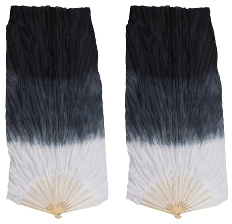 Éventail de Danse Long, Voiles Chinois Faits à la Main, éventails Longs en Soie, éventail en Soie pour L'apprentissage de la Danse du Ventre (Gris et Noir)