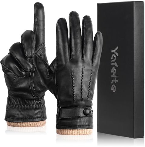 yafeite Winter Schaffell Lederhandschuhe für Herren Warm Kaschmir Gefüttert Schwarz Lederhandschuhe Touchscreen Motorrad, Braun, X-Large