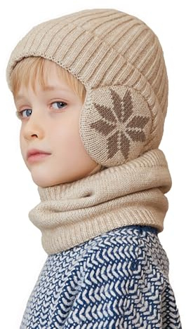 YAMEE Bonnet Chaud écharpe Ensemble pour Enfants avec Doublure Peluche Doux Cache-oreilles Chaud,2 Pièces Tricoté Beanie Cache-Cou Enfants Hiver Coupe-Vent,Chapeau pour Fille Garçon 4-10 Ans