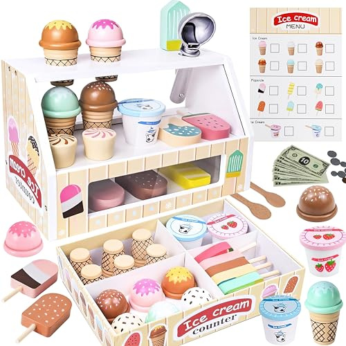 Zabatoco Gelateria per bambini, in legno, 38 pezzi, accessori per la cucina dei bambini, giocattoli in legno per bambini, a partire dai 3 anni, ragazzi e ragazze, giocattolo per Natale per promuovere