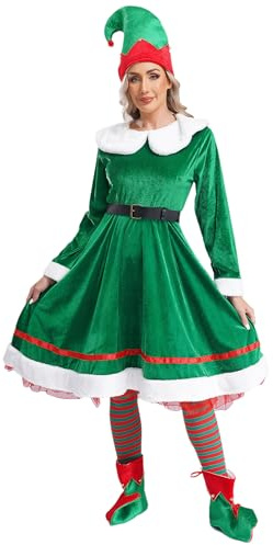 Freebily Costume da Elfo Donna Costume Babbo Natale Vestito Natalizio con Cintura Cappello Calze Scarpe Abito di Flanella Set di Mrs Claus Costume Carnevale Natale Halloween Verde M