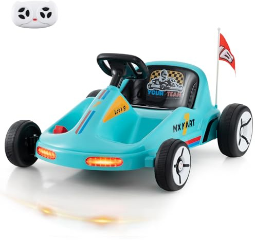 COSTWAY Kids Electric Go Kart, 12V Battery Powered Ride on Racing Toy Car with Remote Control, LED Lights, Music, Wireless Connection, 3 Speeds Pedal Kart for Boys Girls Aged 3+ (Blue)