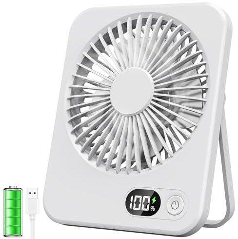 ITJMRJP Ventilateur de Bureau Mini USB Ventilateur Portable avec Écran LCD 2500mAh Batterie Ventilateur Silencieux 5 Vitesses Petit Ventilateur de Table Rechargeable pour Bureau Maison Camping(Blanc)