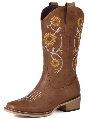 Bybmorto Tan Cowboy Boots for Women - Mid Calf Western Sunflower Cowgirl Boots with Floral Embroidery, Square Toe Stitched Pull On Retro Design, for Country Idyll, Concerts and More Size 7.5