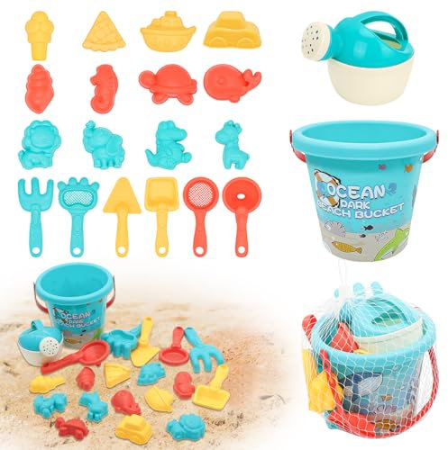 Herbst 20 Stück Strand Sandspielzeug Set, Sandkasten Spielzeug Mädchen Junge mit Eimer, Netzbeutel, Sandformen, Weichem Kunststoff Spielzeug, Gartenspielzeug ab 2 3 4 5 Jahre Mädchen Junge