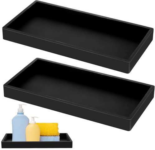 Set of 2 Decorative Black Silicone Storage Trays – Multi-Purpose for Bathroom, Kitchen, Toilet & Dressing Table – Holds Cosmetics, Candles & More (Rectangle, 19.5 x 9.8 x 1.7 cm)