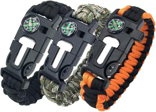 Kanuothbon Paracord Survival Bracelet - 3 Pack Survival Kit Firestarter Bracelets - Includes Compass, Firesteel, Whistle and Parachute Cord