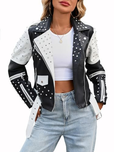 LY VAREY LIN Studded Faux Leather Moto Jacket Women Black PU Biker Coat with Rivets Punk Style