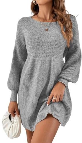 Saodimallsu Womens Crew Neck Mini Sweater Dress Lantern Sleeve High Waisted Rib Knit Dresses Cozy Pullover Long Grey XL