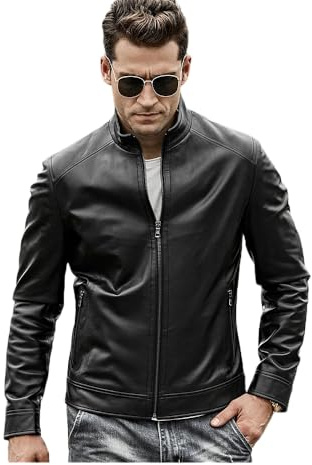 Premium Leather Products Men's Genuine Leather Motorcycle Jacket, Black, Band Collar, Zippered Pockets, Hip Length (UK, Alpha, L, Regular, Regular)