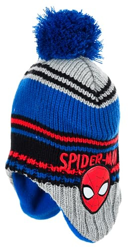 Marvel Spider-Man - Berretto invernale per bambini, motivo Spider-Man, con paraorecchie, con pompon blu caldo, fodera interna in pile, articolo di licenza, regalo per ragazzi, grigio., 54