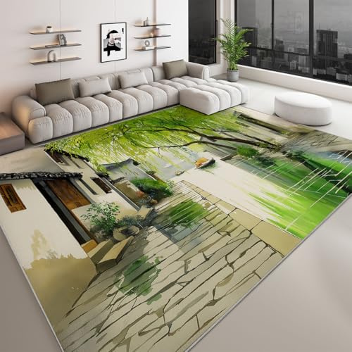 Tappeto moderno da 80 x 150 cm, facile da pulire, design con architettura di campagna, barca a vela, piante, salice, tappeto a pelo corto, per soggiorno, camera da letto, sala da pranzo, corridoio