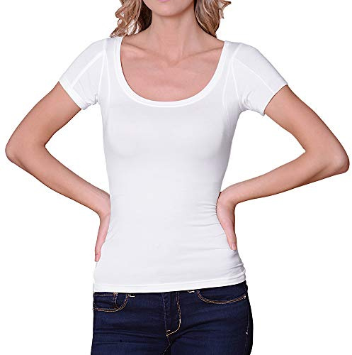Sweatproof Undershirt for Women, Scoop Neck, White, Armpit Sweat Pads, Stops Underarm Sweat, Sweat Proof Undergarment, Extra Large