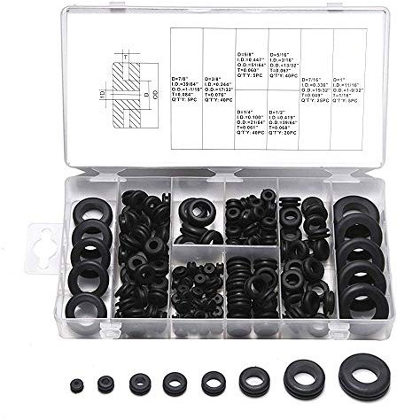 180 Stück 8 Größen Schwarze Gummidichtung Elektrische Leiterdichtung Ring Gummi Unterlegscheiben Sortiment Kit zum Schutz von Drähten, Steckern und Kabel