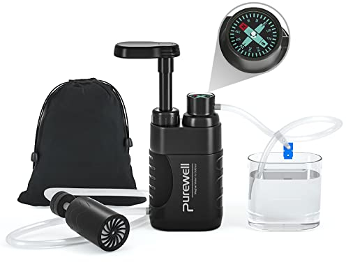 Purewell Water Purifier Pump with Replaceable Carbon 0.01 Micron Water Filter, 4 Filter Stages, Portable Outdoor Emergency and Survival Gear - Camping, Hiking, Backpacking