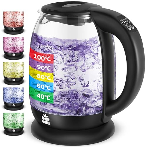 FOR ME Hervidor Eléctrico de Vidrio Agua con Filtro de Té 1,8L, Control de temperatura, Temperatura ajustable de 40°C a 100°C, Iluminación LED de 7 Colores, Función de Mantener Caliente, Libre de BPA