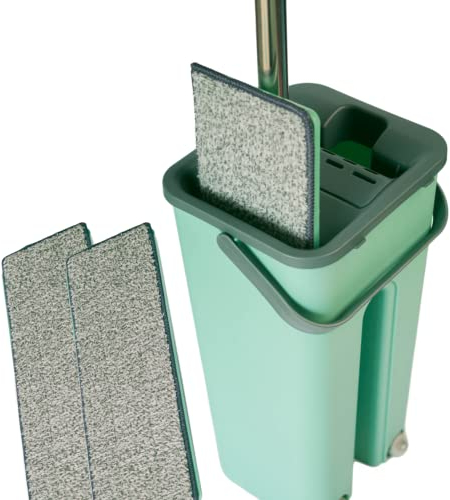 Mopa para Suelo con Cubo Escurridor 2 en 1 Atrapa Polvo Cabezal giratorio 2 Almohadillas de Microfibra Absorbentes Trapeadora LimpiezaSuelos Parquet Madera Mármol