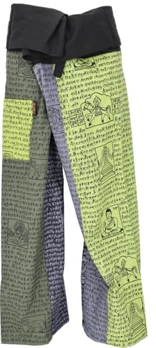 GURU SHOP Thai Fischerhose aus Fester Baumwolle, Patchwork Wickelhose, Yogahose, Unigröße - Grün/bunt, Herren/Damen