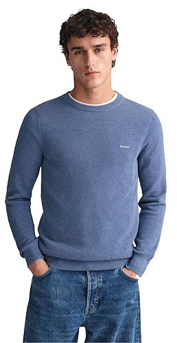 GANT Jersey de algodón Pique con Cuello en C para Hombre, Denim Blue Mel, L