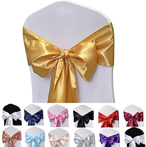Maiangel Satin Chair Sashes Bows 50PCS Chair Ribbon Ties Back Sash for Wedding Party Events Cover Decoration (Gold)