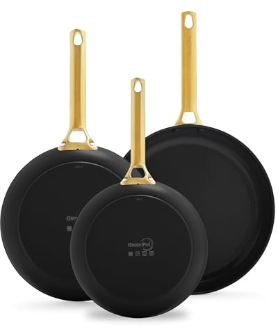 GreenPan Reserve Hard Anodized Healthy Ceramic Nonstick 3-Piece Frying Pan Set Skillet, 20 cm, 24 cm and 28 cm, Gold Handle, PFAS-Free, Induction Suitable, Oven Safe, Black