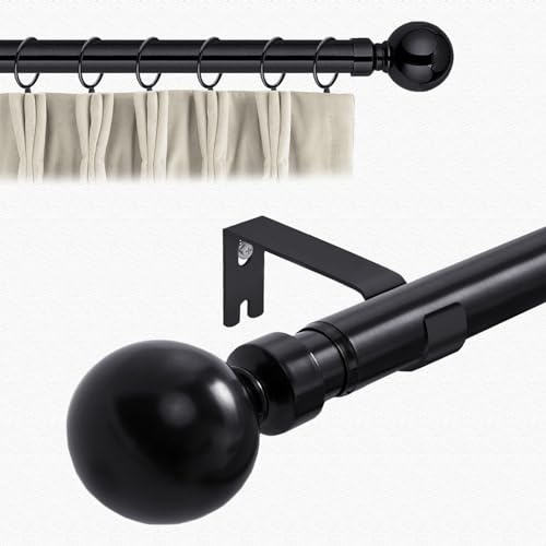Aspire Homeware Curtain Poles Metal Plain Ball Extendable Curtain Pole 160 cm to 300 cm Matte Black Adjustable Curtain Rod 28 mm Diameter with 60 mm Finials, Rings, Brackets, and Fittings Set