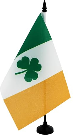 AZ FLAG Bordsflagga Irland med klöver 21x14 cm 100D Polyester Plastfot | Inomhusbruk bordsflagga Ireland with Clover sydd finish med förstärkta kanter med plaststång