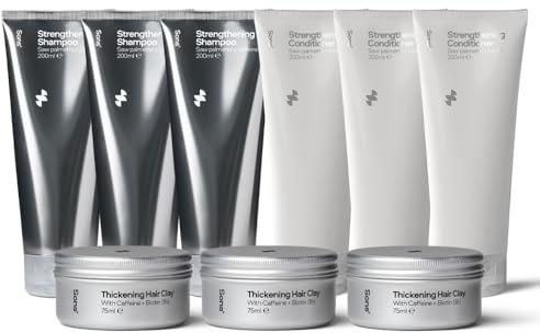Sons Hair Strengthening Treatment Plan. Hair Growth Shampoo & Conditioner Plus Hair Styling Clay. DHT-Blocker, Hair Thickening and Anti-Dandruff with Caffeine. 3 Month Supply. Made in Europe.