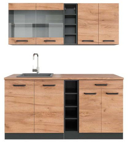 Vicco Singleküche R-Line, Goldkraft Eiche/Anthrazit, 160 cm, AP Eiche, zur individuellen Erweiterung mit zusätzlichen Modulen geeignet