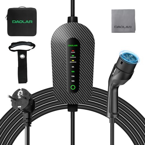 DAOLAR Typ 2 Ladekabel Schuko aus Kohlefaser, 3,84KW Einphasig [6-16A] Tragbares EV Ladegerät, Ladestation für Elektrofahrzeuge mit mit 6M Ladekabel, Mobile Wallbox mit Tragetasche für PHEV/EV