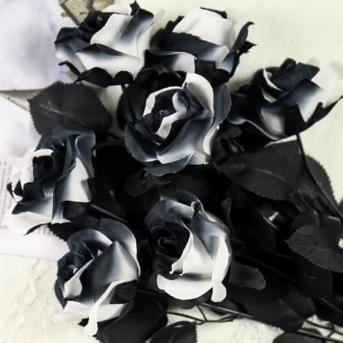 OUKEYI Lot de 10 roses artificielles en soie à tige unique qui ne se décolorent pas - Fleurs réalistes pour décoration d'intérieur, bouquet de mariée, décoration d'Halloween (noir et blanc)