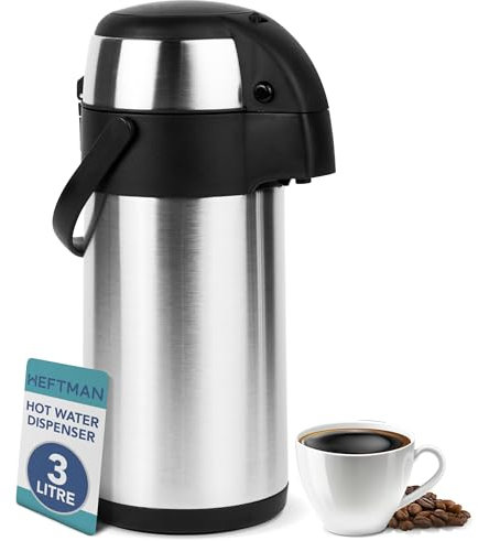 HEFTMAN Jarra térmica de café – Bomba de aire de acero inoxidable de 3 litros, aislamiento de doble pared, jarra de café y té a prueba de fugas con base giratoria de 360°, asa de transporte, bloqueo