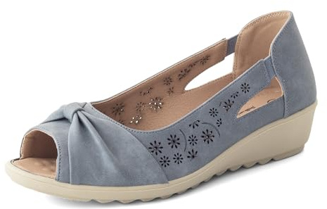 Cushion Walk Women's Extra Wide EEE Fit Sandals, Slip-On Peep Toe Low Wedge with Laser Cut Floral Pattern & Bow, Cushioned Insole Lightweight Summer Shoes (Size 4 UK, Blue)