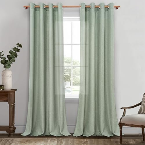 MRTREES Tende Lino Verde Salvia Trasparenti per Interni Camera da Letto Moderna Tende Soggiorno Bellissime Moderne Salotto Eleganti Casa 2 Pezzi 140x260cm Tenda con Anelli da Interno