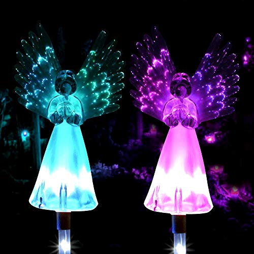 2Pcs Solar Angel Light Outdoor Garden Waterproof Solar Stake Lamp with Luminous Wings Lamps Multi-Color Changing LED Grave Lights Solar Powered Garden Ornaments for Garden Cemetery Sidewalk Yard Lawn
