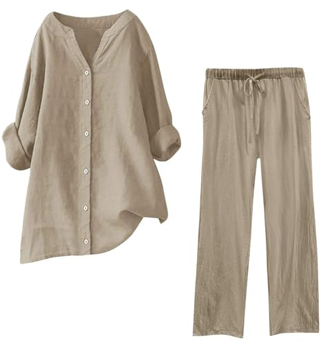 Completo Lino Donna Estivo, Tuta Donna Completa Estiva Lino Pantaloni della Tuta da Donna Curvy Completo 2 Pezzi Jogging Sportiva Set Tute Estivi per Casa Completi Donna con Pantaloni