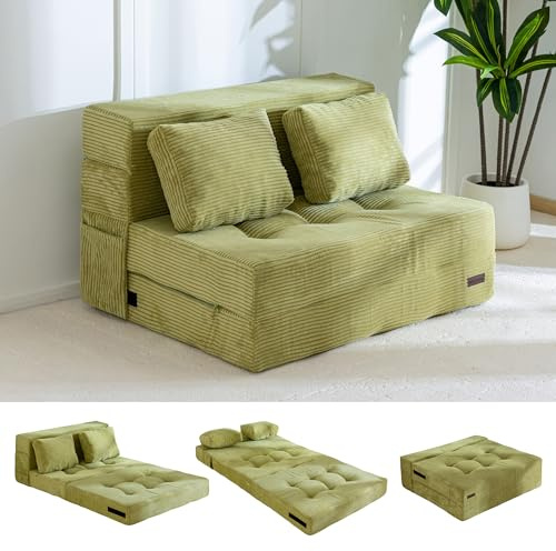 MAXYOYO Convertible Sofa Bed, Fold Out Loveseat Sleeper Sofa with Pillow, 4 in 1 Tufted Folding Couch Bed Foam Floor Couch, Lazy Chair for Living Room Bedroom Guest Room, Green