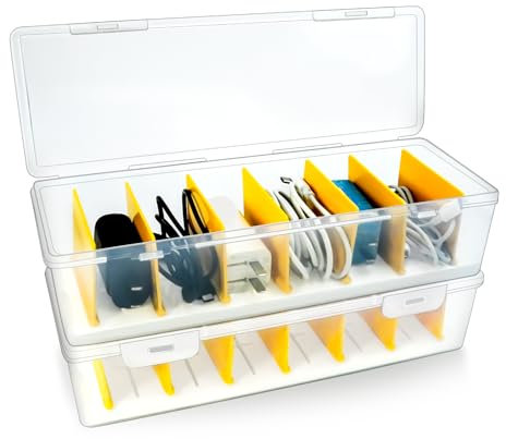 2 Stück Kabel Organizer Box Transparent, Kabelbox Weiß mit 7 Verstellbaren Trennwänden, Kabel Aufbewahrungsbox für Ladekabel, Batterien, Schreibwaren & Kabelmanagement am Schreibtisch