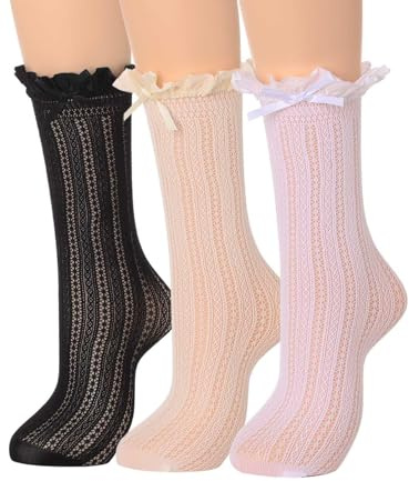 IYOU Chaussettes hautes à genoux en dentelle noire à volants Dirndl traditionnelles à froufrous pour femmes (3 paires)