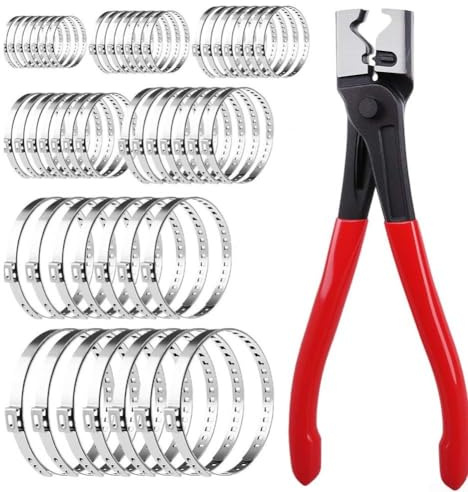 Confezione da 50 fascette stringitubo in acciaio inossidabile, 7 misure regolabili per morsetti CV con pinze per tubi flessibili Kit di strumenti di serraggio (A)