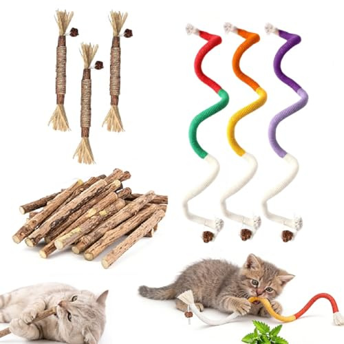 KAHZOR 3 Giocattoli per Gatti in Corda, 3 da Masticare per Gatti e 10 Pezzi Bastoncini di Erba Gatta, Giochi per Gatti da Interno, Gioco Interattivo per Gatti, Giocattolo per Cuccioli di Gatto